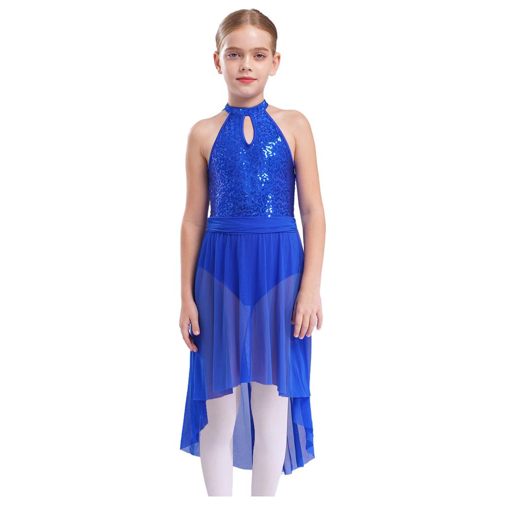 Танцевальное платье для девочек без рукавов с открытой спиной, круглым вырезом, блестящими пайетками, неровным подолом, дизайном вуали