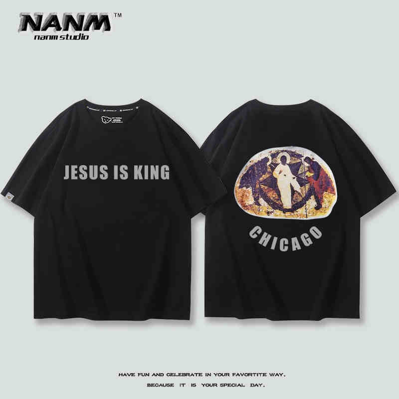 2024 New Fashion KANYE with Short Sleeve T-shirt Boys Kanye Music Festival Three Gods Religious Oil Loose Hip Hop Half Sleeve