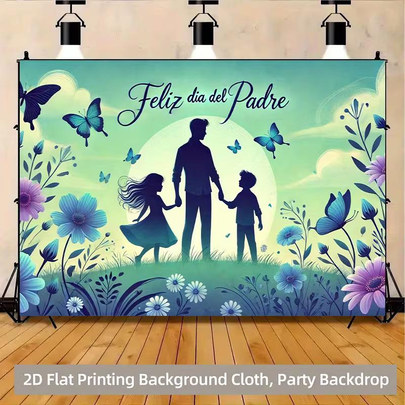 Warm Father's Day Backdrop, Gentle Green and Blue Scene with Father, Kids, Butterflies and Flowers, Heartfelt and Sentimental Wall Art