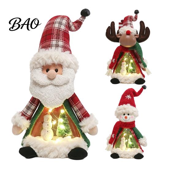 Snowman Holiday Ornament Lighted Christmas Doll Decoration, Cute Plush Santa Claus/Snowman/Reindeer Figurine with Xmas Character Toys Warm LED