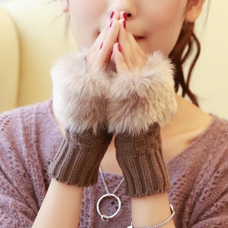1 Pair Women Lovely Winter Glove Patchwork Knitted Imitation Rabbit Hair Half Finger Warm Gloves