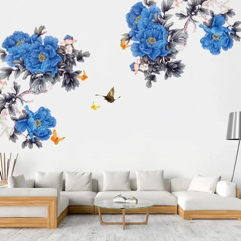 2024 Новая синяя пионовая наклейка на стену, декор для дома, самоклеящиеся наклейки для украшения фона дивана в гостиной