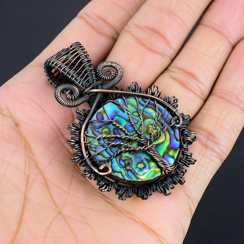 Tree Of Life Abalone Shell 999 Copper Wire Wrapped Pendant, Handmade Gemstone Pendant Jewelry, Gifts For Wife Brand New Pendant