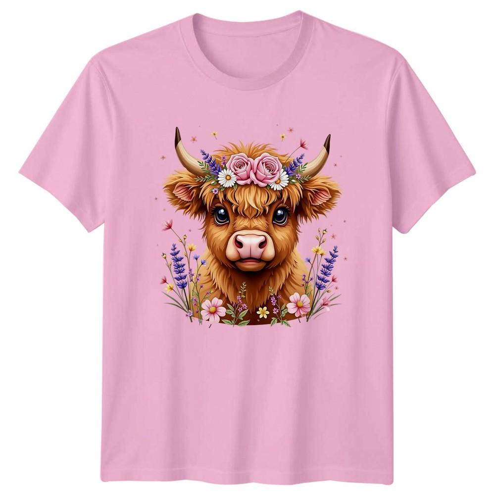 Cute Fluffy Highland Cow Wearing Floral Unisexs TShirt Cattle Birthday