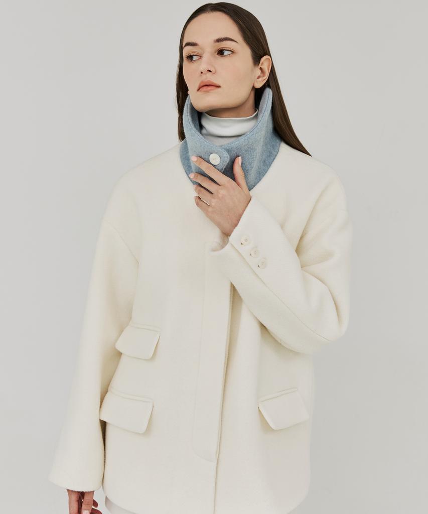 Thefrht Herringbone High-Neck Half Coat (Ivory)