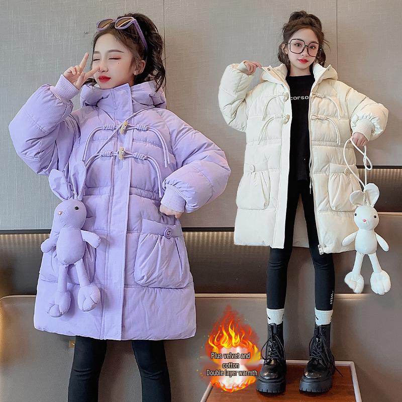2025 Осень/Зима Модное пуховое пальто для девочек с флисовой подкладкой и куклой-кроликом