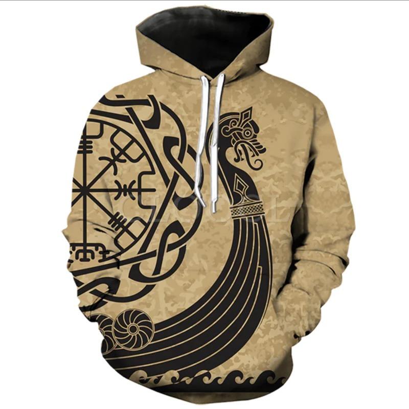 2024 Новая толстовка с капюшоном 3d Viking Harajuku Print Pullover Мужская толстовка с капюшоном свободного размера Винтажная мужская одежда Осень с длинным рукавом