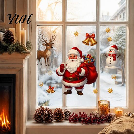 Elk Pattern Wall Decals Christmas Window Static Clings, PVC Santa Claus Snowman And Decorative Gifts Decals, Waterproof Reusable Glass Stickers