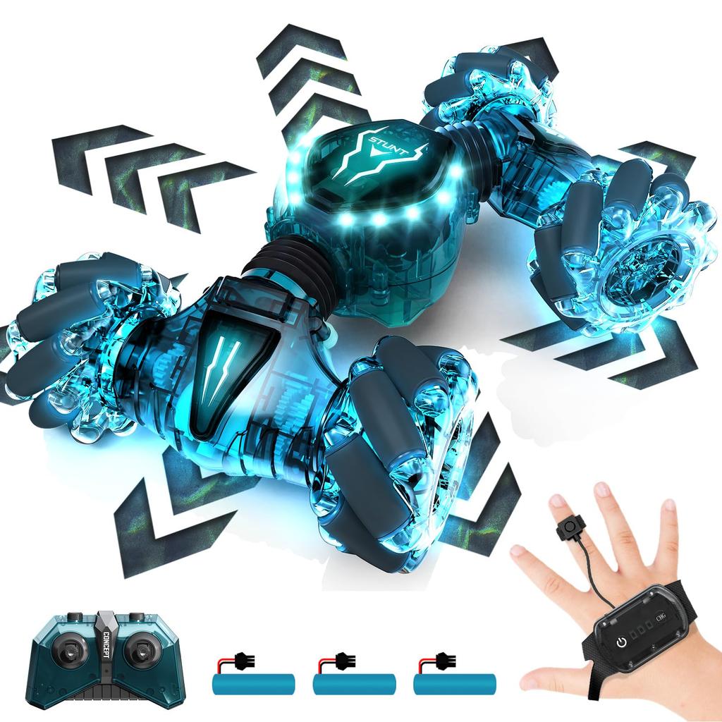 Tecnock RC Car, Gesture Control, Stunt Car for Kids, Double-Sided Driving, 360° Rotation, 4WD Off-Road, LED Lights, 4WD, USB Charging, Remote