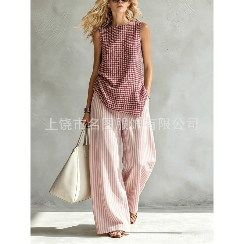 European, American Bohemian fashion contrasting colors 1D digital printing printing retro casual top set