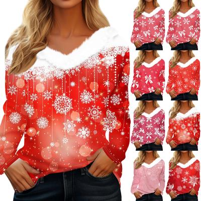 Женская рождественская рубашка с длинным рукавом и принтом снежинок, повседневные свободные футболки с V-образным вырезом