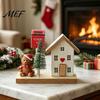 Durable Solid Wood Base Ornaments Mini Christmas Village House Figurine, Winter Scene Ornament with Snowman Holiday Tabletop Decorations Bear