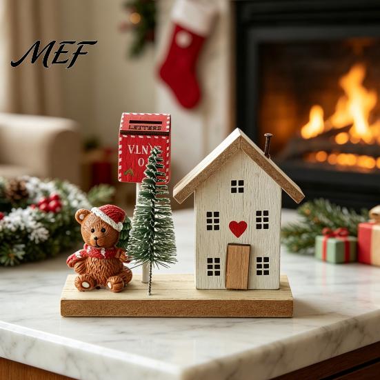 Durable Solid Wood Base Ornaments Mini Christmas Village House Figurine, Winter Scene Ornament with Snowman Holiday Tabletop Decorations Bear