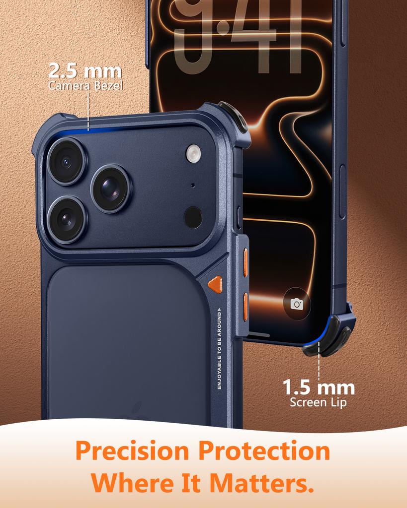 Oatsbasf Metal Frameless Phone Case for iPhone 17 Pro Max & 17 Pro Shockproof Bumper 9 Shape Phone Cover Bare Phone Feel Shell