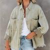 Women Fashion Ripped Denim Jacket Turn Down Collar Long Sleeve Tops Single Breasted Tassels Coat Loose Shirts & Blouses Outwear