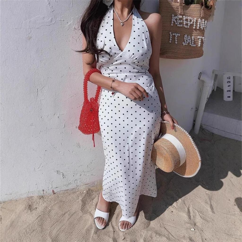 Женское белое платье-халтер в горошек - Французский стиль, без рукавов, V-образный вырез, А-силуэт, короткая юбка