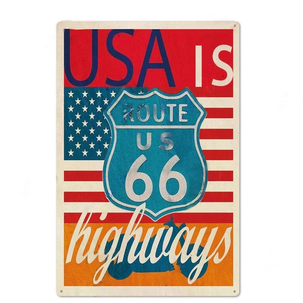 Сувенирная номерная табличка Route 66, Американский металлический знак для авто 20x30см