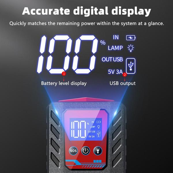 Стартер, пиковый ток 3000 А, 10 000 мАч, автомобильный аккумулятор, стартер до 6,0 л бензина, аккумуляторный блок стартера 12 В, портативный стартер со светодиодной подсветкой