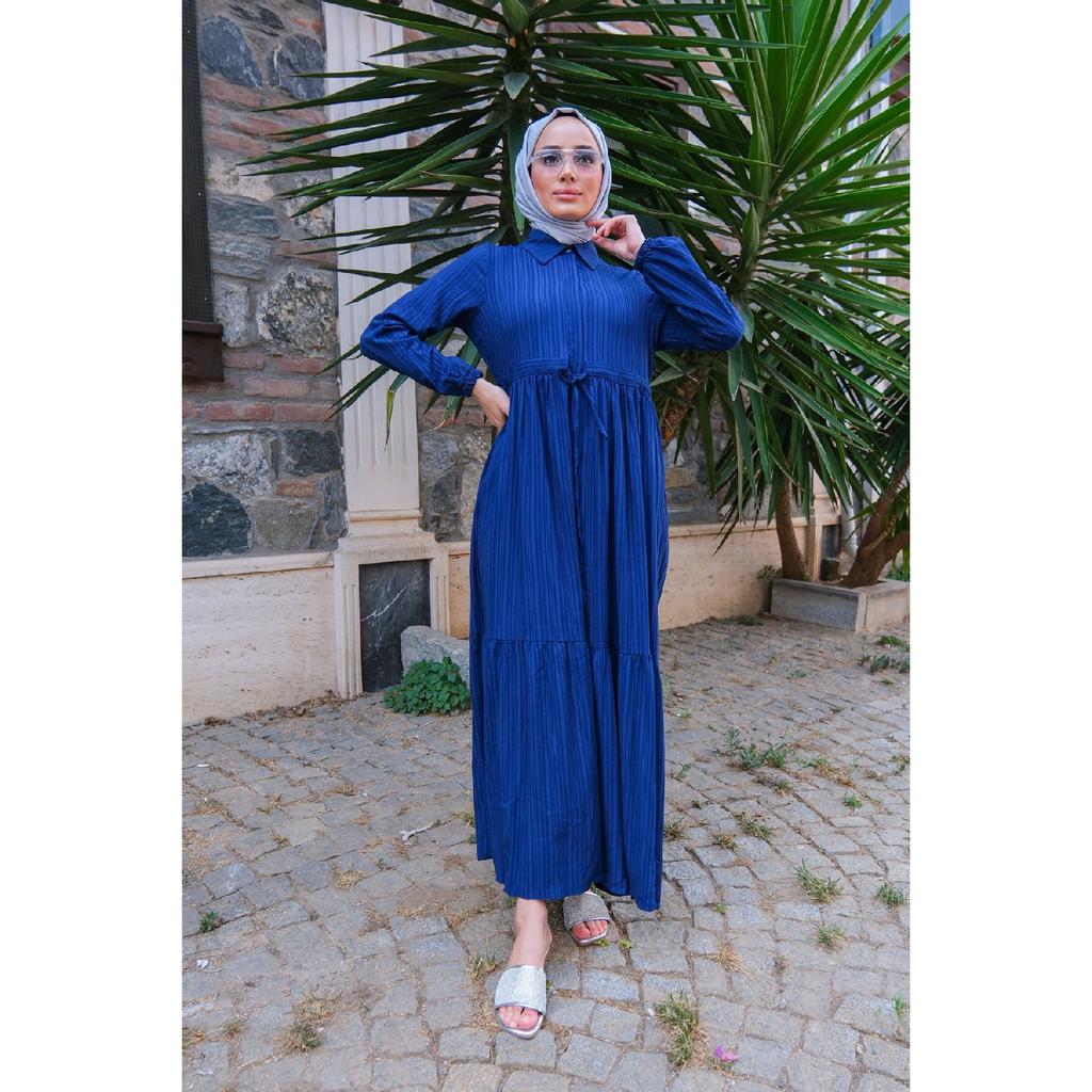 Waist Gathered Dress Navy Blue