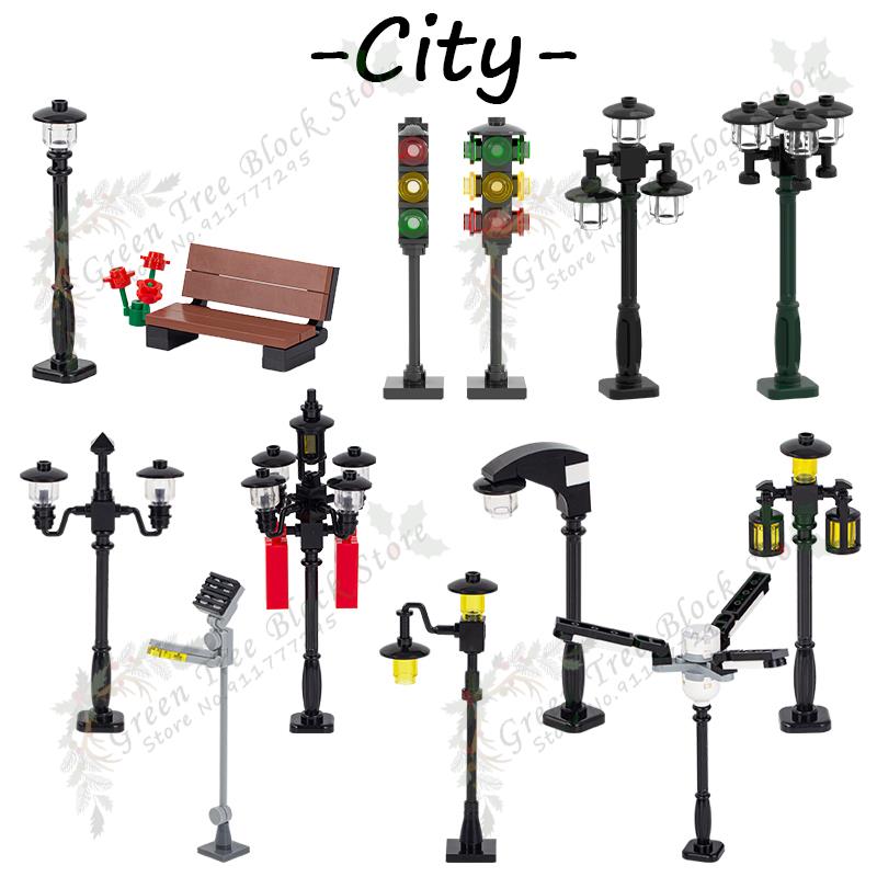 Модели светофоров серии City MOC Строительные блоки DIY Сборка Уличный фонарь Скамейка Аксессуары Кирпичики Обучающие игрушки для детей