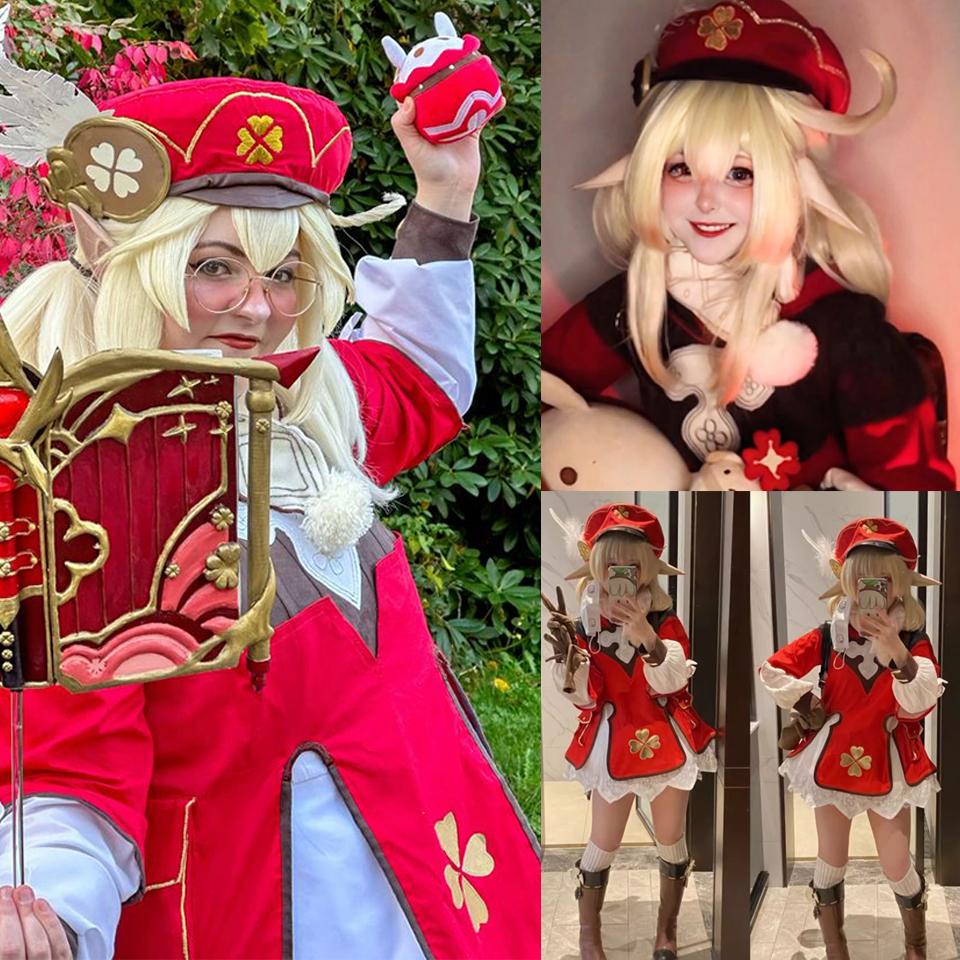 WTB Synthetic Wig Game Genshin Impact Spark Knight - Klee Cosplay Cartoon Fluffy Straight Hair Double Ponytail Wig Hood