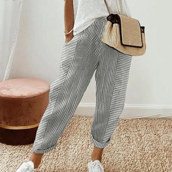 Women Casual Pants Elastic Waist Mid-rise Summer Jacquard Long Pants with Pockets Striped Print Loose Fit Trousers