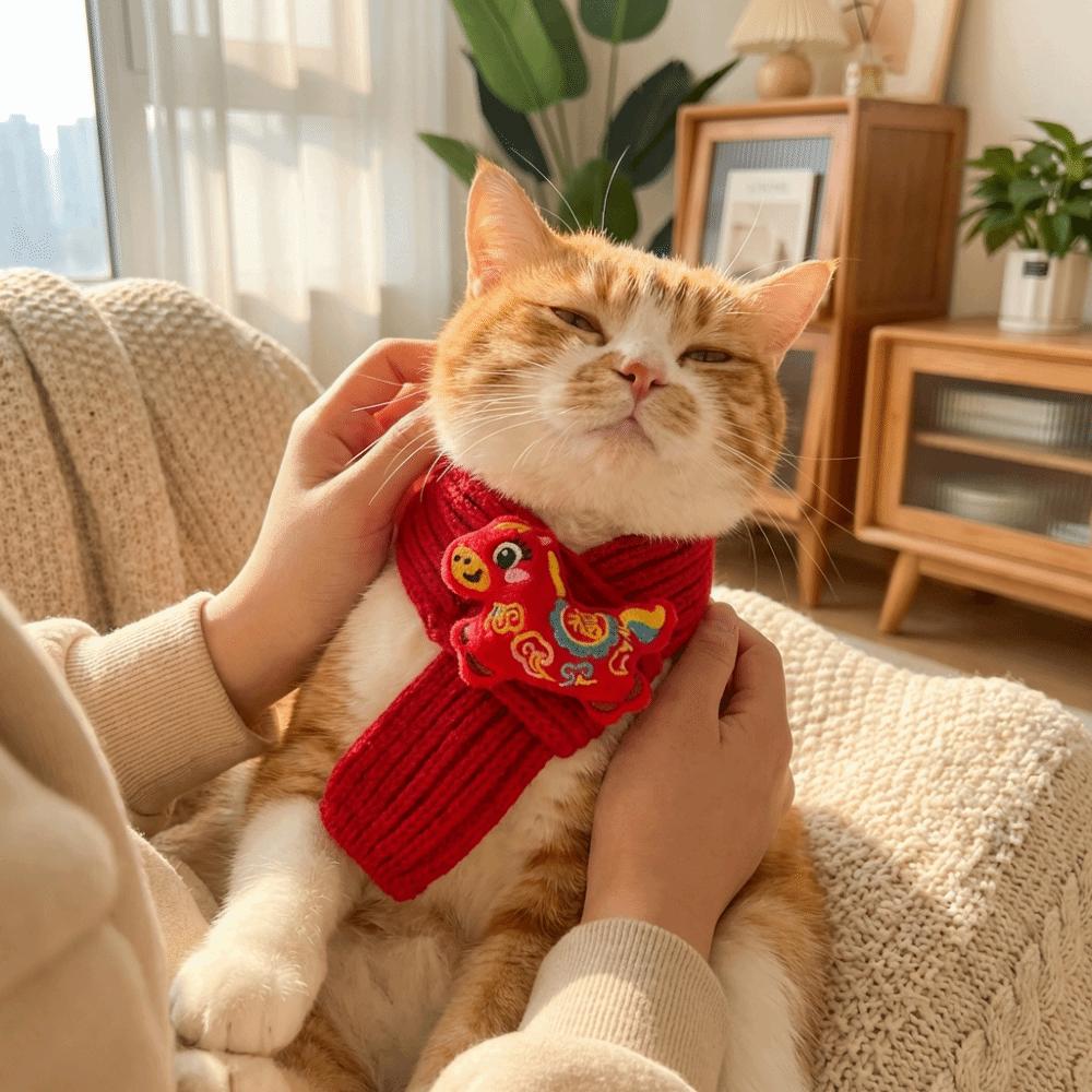Celebration Decoration Warm Knitted Pet Scarf Cozy Red Color Pet Accessories Warmer Neckerchief Photo Prop