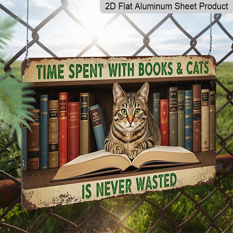 2D Flat 1pc ("8X12") "Time Spent with Books & Cats Is Never Wasted." Decor Gift Sign, Floral Sign, Aluminium Sign, Metal Sign Decor, Wall Decor, Home