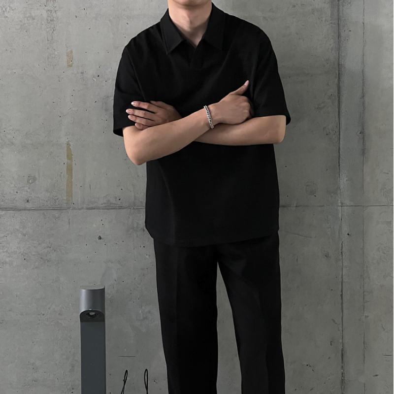 Летняя одежда, новая рубашка поло с короткими рукавами, мужская свободная футболка с лацканами, текстурированная корейская версия, повседневный топ с короткими рукавами