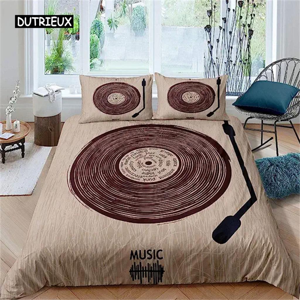 Комплект постельного белья с музыкальным принтом, винтажный блюзовый пододеяльник, гитарные пластинки старой школы, пододеяльник с 2 наволочками, украшение для комнаты размера «queen-size»