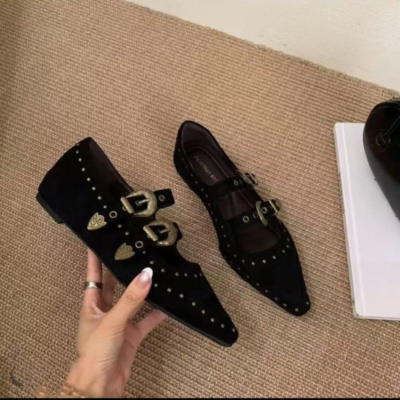 Модные винтажные универсальные женские туфли Мэри Джейн 2025 осень Новый стиль Женские остроносые балетки Повседневные удобные Нескользящие женские кожаные туфли