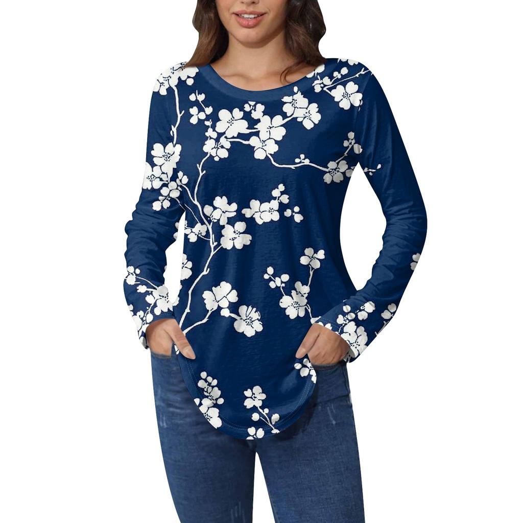 Рубашки для женщин Милые винтажные узоры с принтом Футболка с длинным рукавом Туника Топы Хлопковые пуловеры