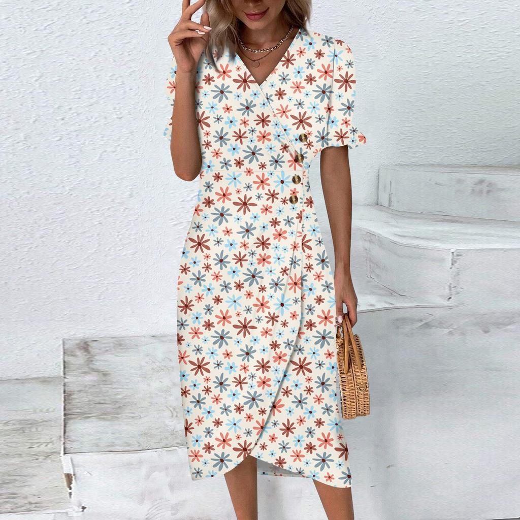 Women's Summer Casual Dress V Neck A-line Boho Ditsy Floral Flounce Sleeve Wrap Hem Dress