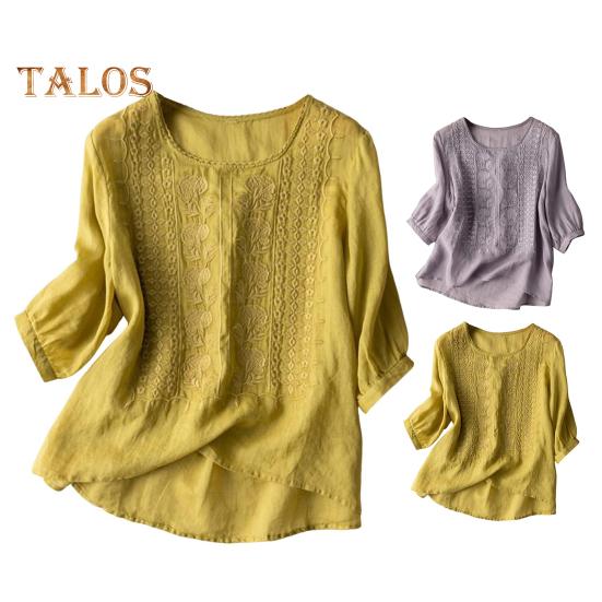 Женская рубашка с круглым вырезом и коротким рукавом, вышитый цветочный узор, топы, однотонная тонкая ретро-блузка, повседневная одежда