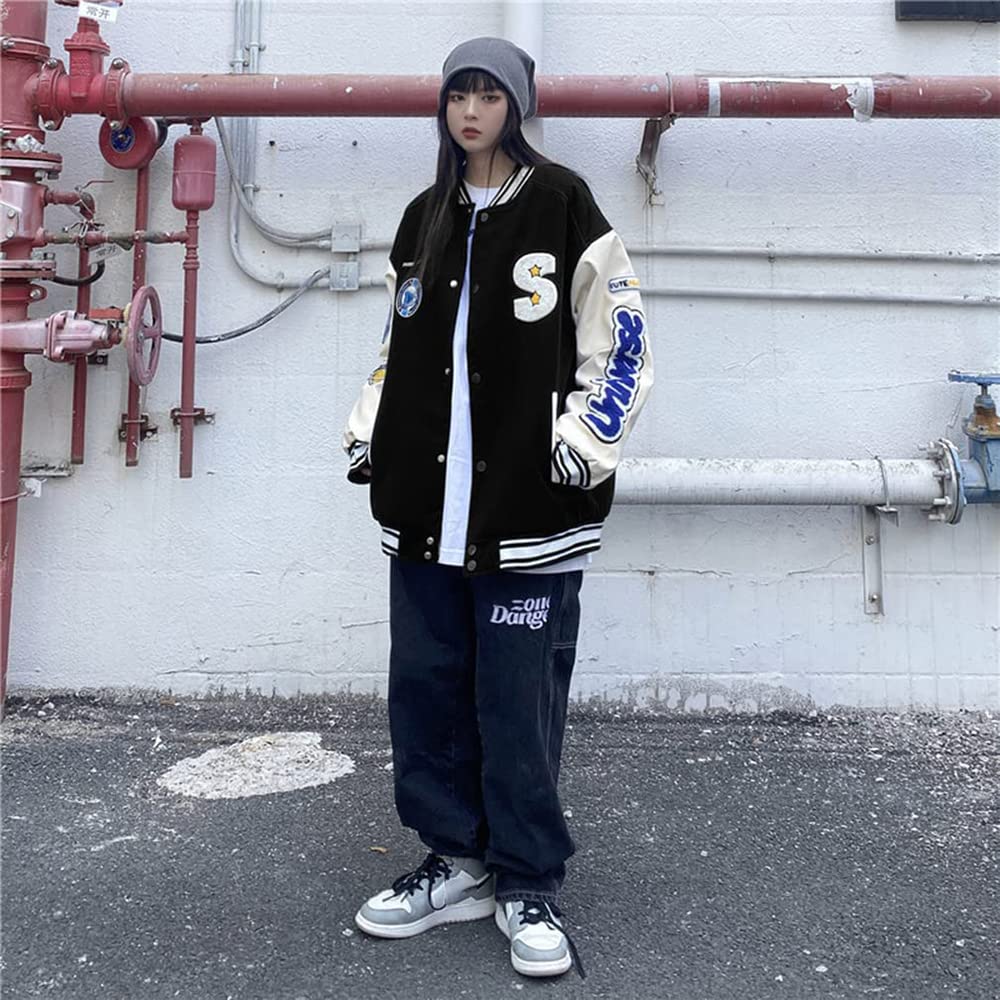 KOSIKINI Varsity Jacket for Men and Loose Cold Plus Size Women, Fit, Embroidered, Weather, Patchwork, Padded, Streetwear, (2XL, Black)