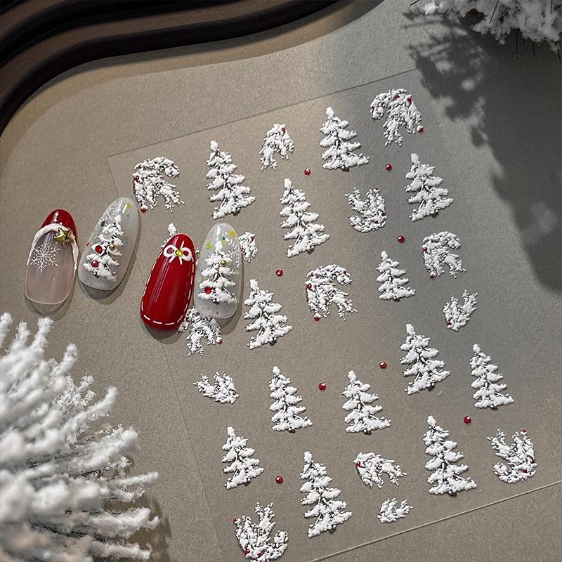 Embossed Christmas Tree Nail Art Stickers 2025 New Simple White Polka Dot Nail Stickers Christmas Decoration