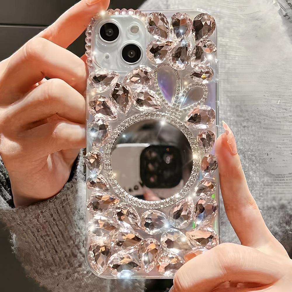 Glitter Crystal Rhinestone Phone Case with Mirror, Clear Bling Floral Cover For XiaoMi Poco C75 C65 C71 C55 C61 4G 5G