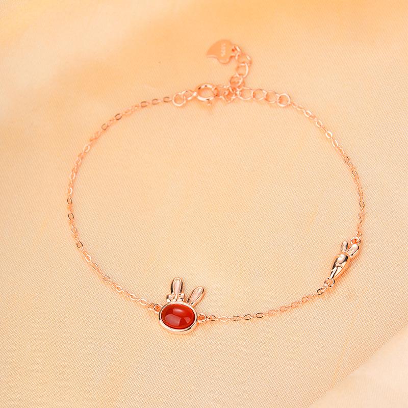 Браслет из чистого серебра с милым сердечком из кролика и красного агата S925 для девочек