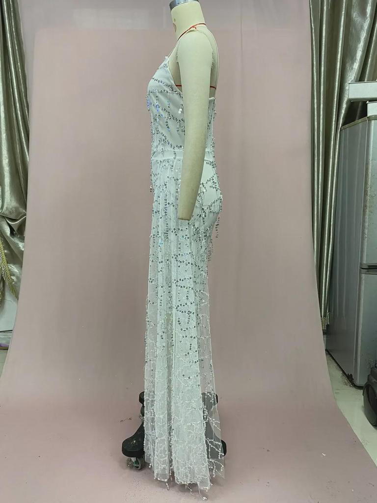 Женское сексуальное серебристое платье макси с V-образным вырезом на подтяжках 2025 года