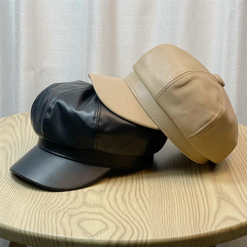 Осень и Зима Женская Восьмиугольная Шляпа с Большой Головой Кожаная Шляпа Художника Корейская Версия ПУ Большая Кепка с Козырьком Британский Универсальный Берет Мужская Зимняя