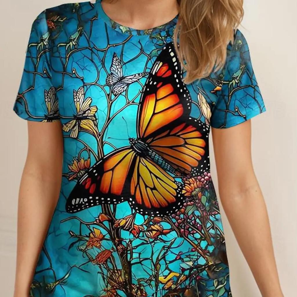 Женская футболка, новый летний узор с 3D-принтом бабочки, модная и сексуальная одежда больших размеров с короткими рукавами для девочек.