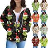 Women's Fashion Casual Christmas Print Long Sleeve Sweatshirt Pocket Jacket Zipper Hoodie Coat
