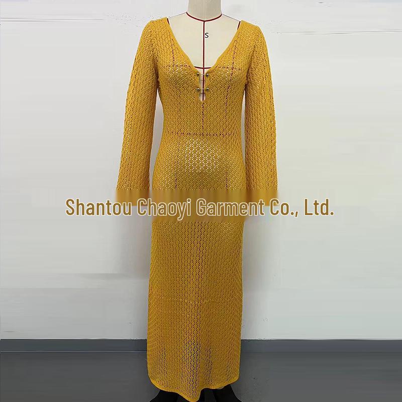 European-American V-Neck Hollow Texture Long-Sleeve Beach Dress
