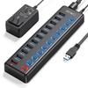 USB-концентратор JESWO с питанием, 10 портами расширения, 1 портом зарядки, передачей данных со скоростью 5 Гбит/с и независимым блоком питания переменного тока 12 В 3 А, совместим с Surface и другими устройствами.
