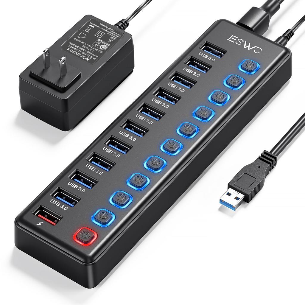 USB-концентратор JESWO с питанием, 10 портами расширения, 1 портом зарядки, передачей данных со скоростью 5 Гбит/с и независимым блоком питания переменного тока 12 В 3 А, совместим с Surface и другими устройствами.