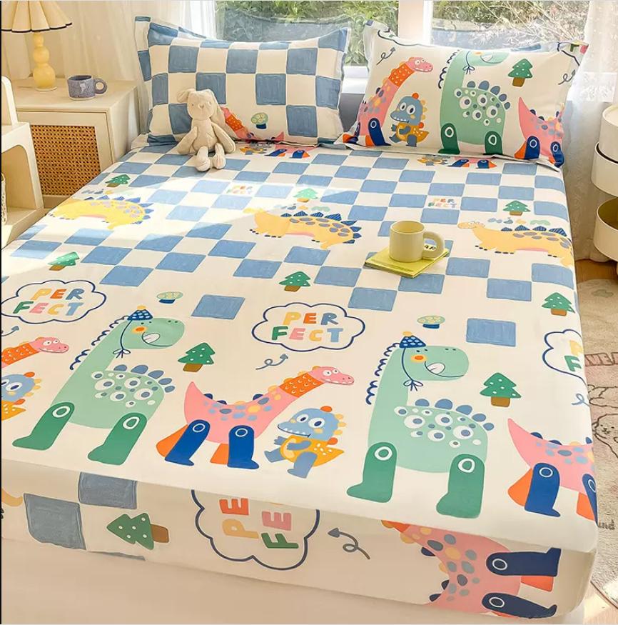 Cartoon Space Animal Printed Fitted Sheet with Elastic Band + 2pcs Pillowcases 100% Cotton Mattress Protector For Kids 16 Sizes