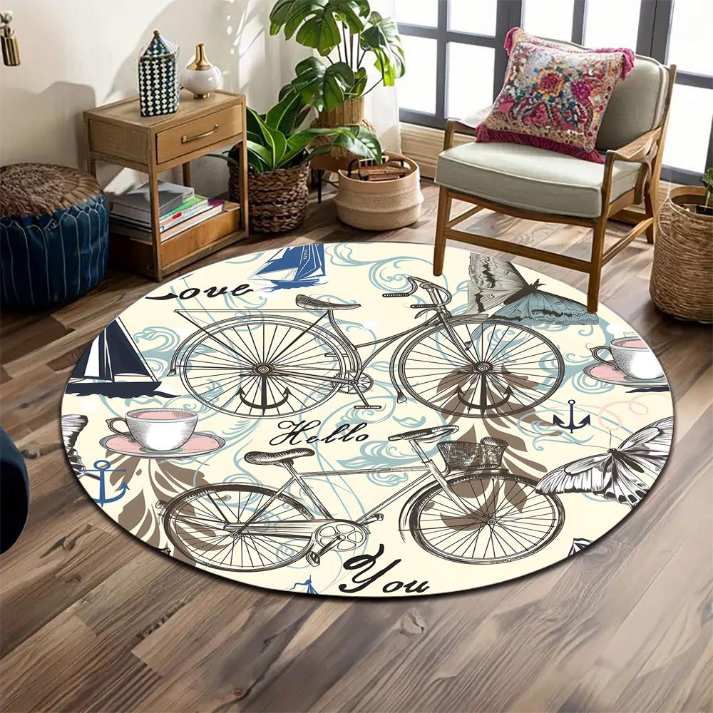 Vintage Bicycles and Butterflies Pattern Print round rug, living room, bedroom, playroom carpet, non slip floor mat, gift