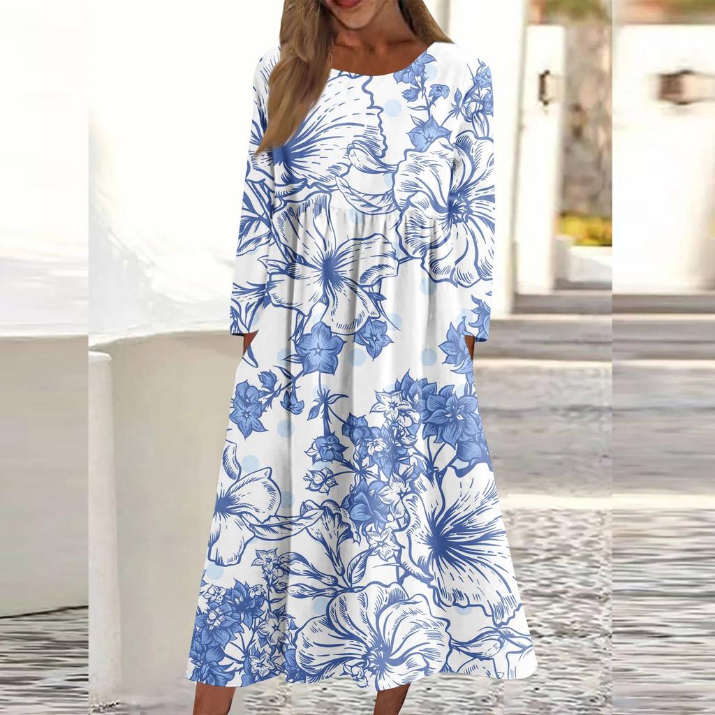 Женское повседневное платье средней длины с круглым вырезом и принтом, платье средней длины с длинными рукавами и карманом