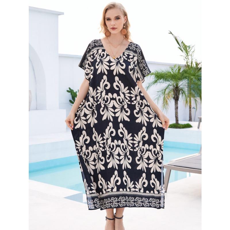 Плюс Размер Женщин Пляжный Принт Свободное Платье Накидка