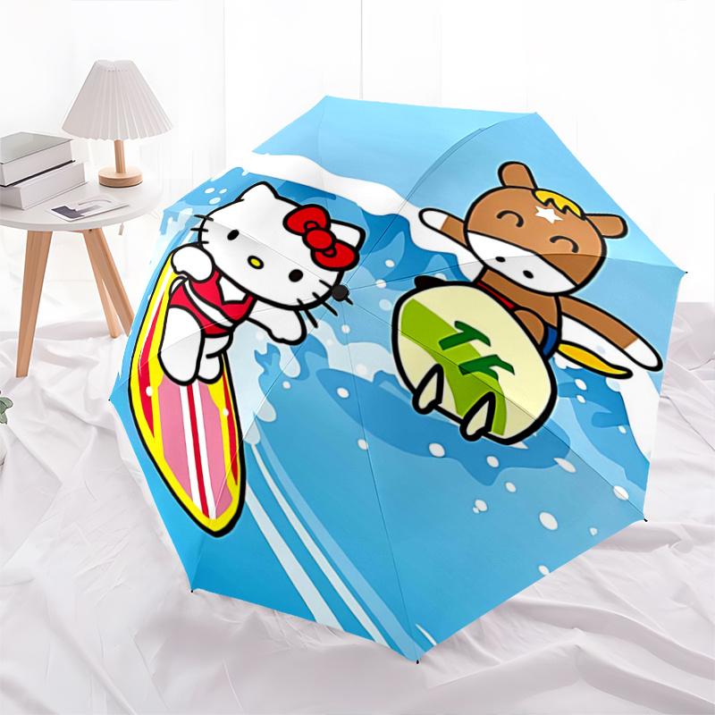 1pc Hello Kitty & TF Horse Surfing Friends Automatic Opening/Closing Umbrella - Portable Three-Fold Design with 8-Bone Iron Frame - Outdoor, Gift for